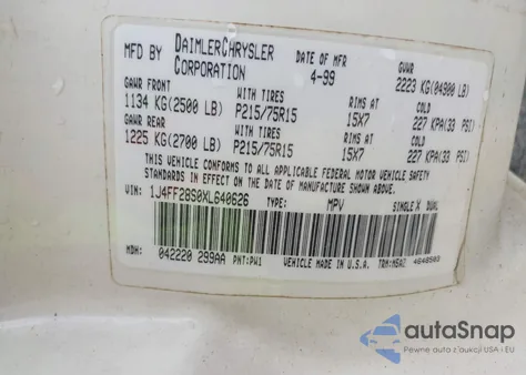 1999 Jeep Cherokee Se from USA, damaged, VIN 1J4FF28S0XL640626